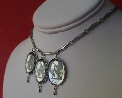 Vintage Jewelry Set: Reversed Etched Glass Necklace & Earrings/Boho/Shabby Chic