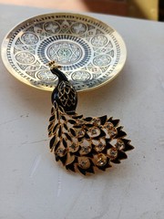 Vintage Gold Tone & Black Enamel Rhinestone Peacock Bird Pin Brooch