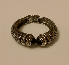 Vintage Silver Tone & Gold Tone Bracelet Black Onyx Striped Hinged Cuff
