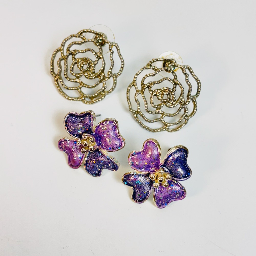 Vintage Y2K Flower Earring Set Purple Gold Floral Studs Whimsygoth Cottagecore