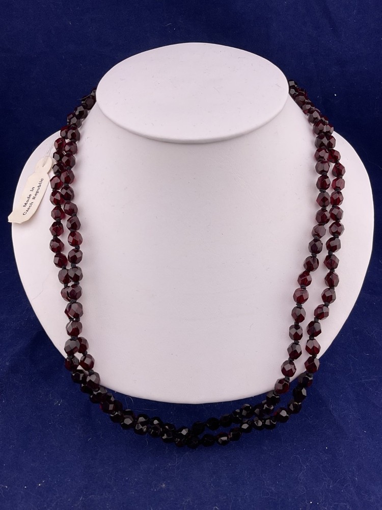 Garnet color czech glass bead necklace vintage 48”