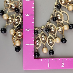 Vintage Statement Necklace Black Beaded Fringe Dangles Gold Tone Snail 16.5″