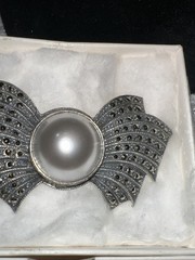 Vintage Judith Jack Sterling Silver 925 Marcasite and Faux Pearl Bow Brooch