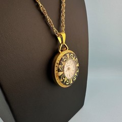 Vintage Lucerne Watch Pendant Necklace Gold Tone Floral Etched Ornate 24″ READ
