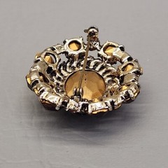 Vtg Rhinestone Brooch Gold Tone Oval Brown Glass Orange Domed Pin 1.75 in