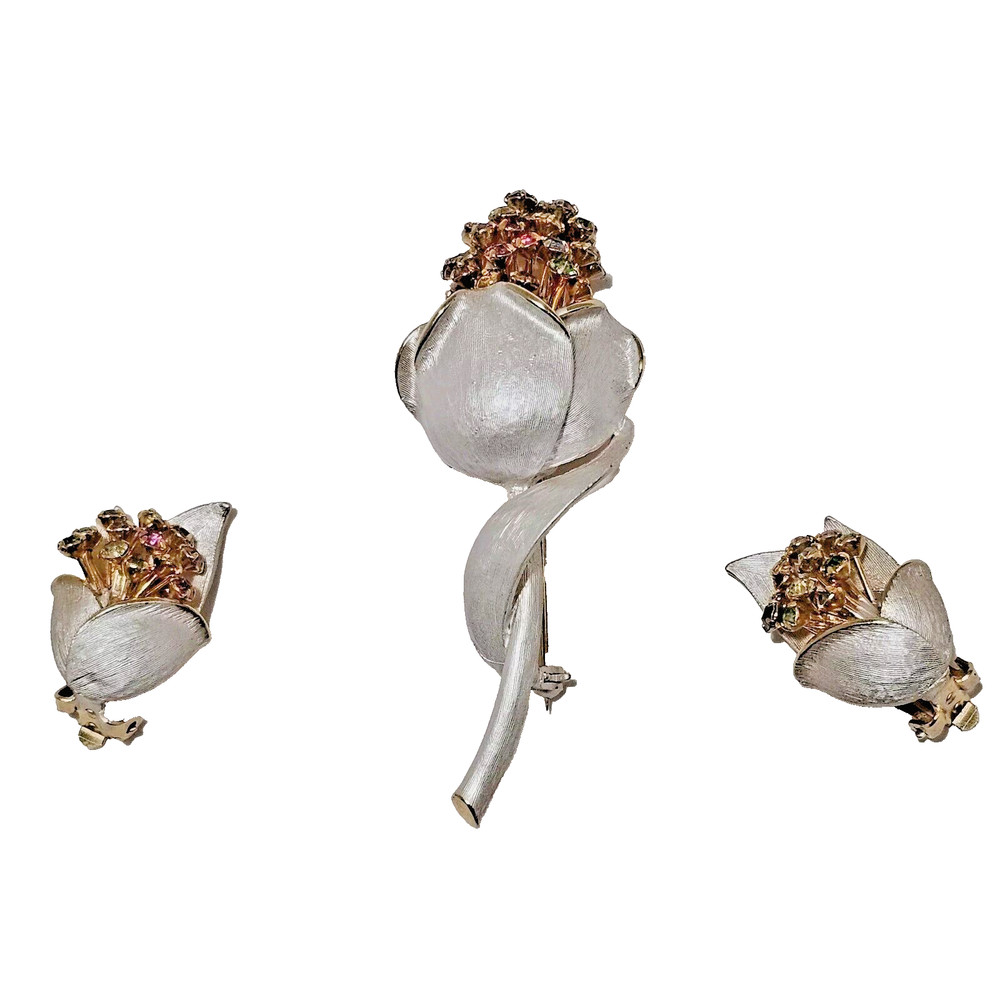 VTG Silver Frost w/Gold Tone Brooch & Earrings Set Flowers MultiColor Rhinestone