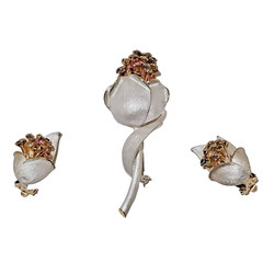 VTG Silver Frost w/Gold Tone Brooch & Earrings Set Flowers MultiColor Rhinestone