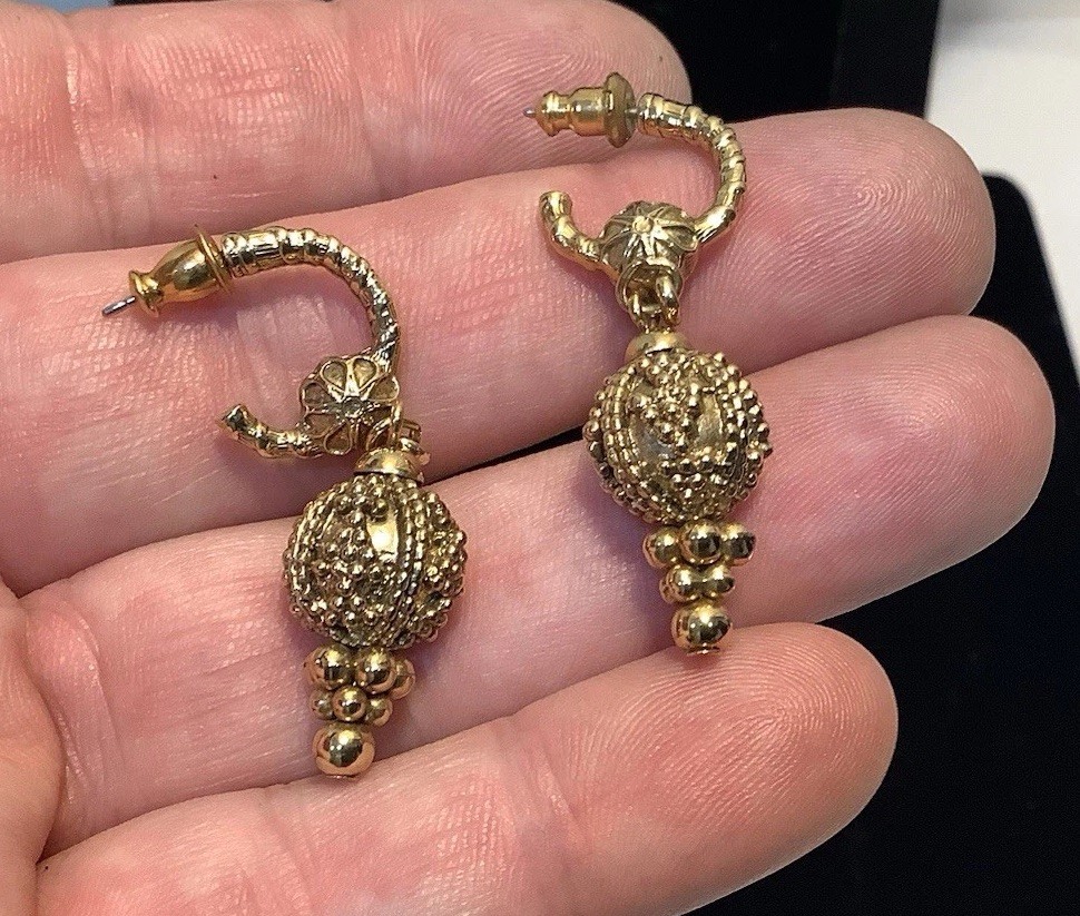 Vintage Ornate Gold Tone Roman Revival Drop Dangle Ball Earrings Pierced Ears