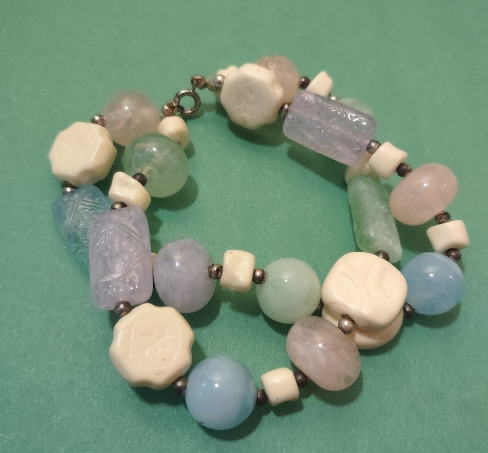 Vintage Colorful ACRYLIC Beaded DOUBLE Stranded Bracelet in Silver Tone