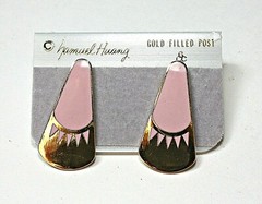 VTG New SAMUEL HUANG Dangling Earrings Gold Filled Earwire Pink Enamel ~ ESTATE