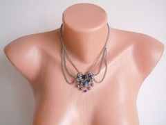 Necklace Collar Colored Stones Blue Metal Silver Tone 23.6 G/Adjustable 34-39 Cm