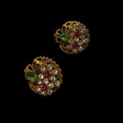 1950s Rhinestone Flower Basket Ornate Filigree Gold Tone Clip On Earrings