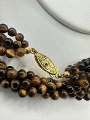 VTG 29In 4 Strand Tigers Eye Bead Necklace Caviar Gold Tone Fish Hook Clasp Read