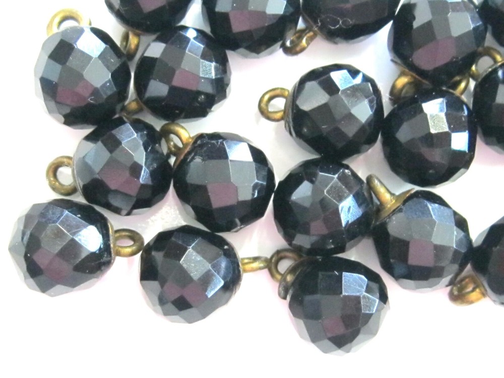 21 PC BUTTON LOT SET ANTIQUE VICTORIAN FACETED FRENCH JET / BLACK GLASS BUTTONS