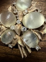 Vintage Joseph Mazer Jomaz Golden Ridged Moonstone Cabochon & Rhinestone Brooch