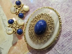 1928 Victorian Revival Mother of Pear & Lapis Blue Stone Pin & Earrings SET