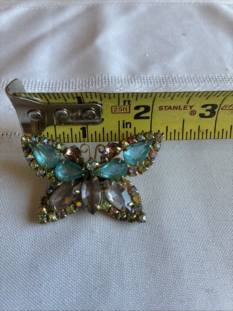 Vintage Rhinestone Butterfly Brooch Aqua Teal Gold Tone Mid Century Style