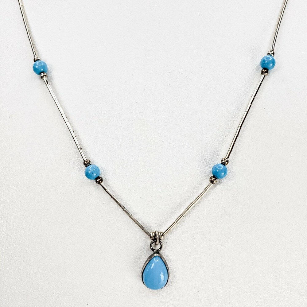Sterling Silver 925 Turquoise Liquid Silver Turquoise Pendant Necklace 18 inches