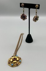 Vintage Purple Jewelry Set 3 Piece Floral Pendant Clip-On Earrings Set Blue Bead