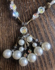Vintage Gold Clear Ab Crystal Faux Pearl Filigree Brass Tassel Drop Necklace