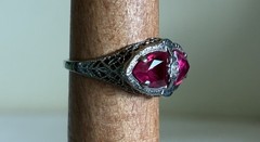 Antique Art Deco 14K ADR White Gold Synthetic Ruby Filigree Marquise Ring Sz 6.5