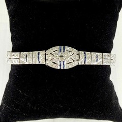 Antique 1925 Art Deco Sapphire and Old Cut Diamond Bracelet Platinum