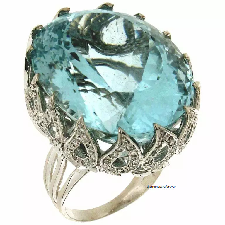 Stunning Large Oval Shape 75.00CT Brazilian Aquamarine & 1.39CT 925 Silver Ring