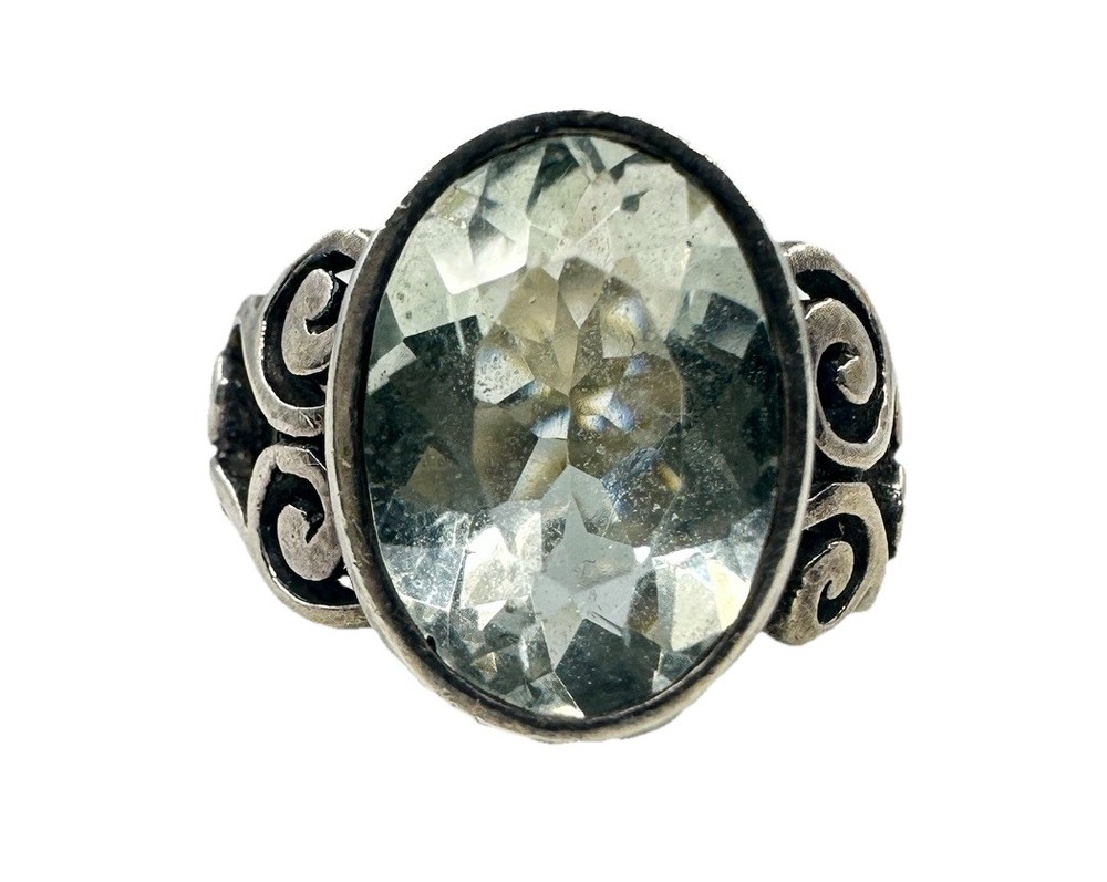 VTG Victorian Revival Heavy Sterling Silver 925 Smokey Faceted Glass Ring Size 8