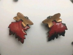Vintage Enameled Red Copper Leaf Necklace & Earring Set Renoir/ Matisse Style