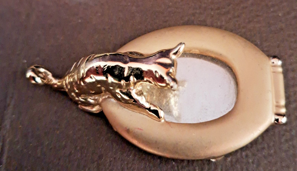 Vintage Gold-Tone AJC Brand “Cat on Lavatory” Mirror Brooch Pin 2″ Pre-Owned