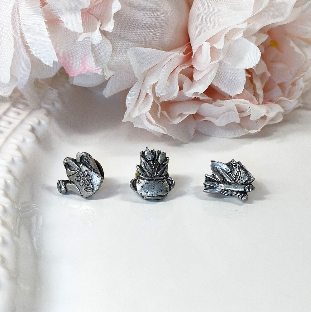 Vintage Set 3 Pewter Garden Pins Flowers Tools Scatter Lapel Tie Lot Mini .75″