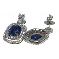 Cushion Cut Blue Sapphire Simulated Diamond Double Halo Drop Earrings 925 Silver