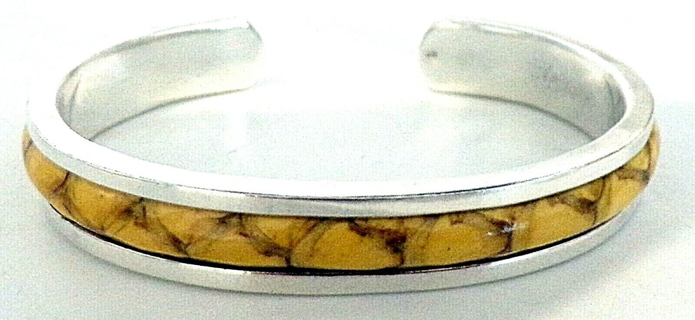 BRACELET STERLING SILVER REAL YELLOW SNAKE SKIN INLAID CUFF APPROX 7/16″ WIDE #1