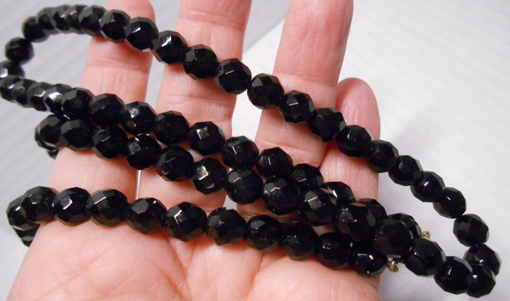 Antique Black Faceted Glass Beads Strung on Fine Gold Chain Necklace 24″