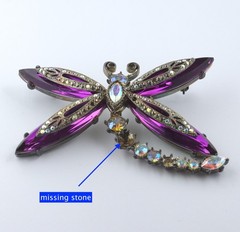 Graziano Purple Dragonfly & Aurora Borealis Rhinestone Figural Brooch