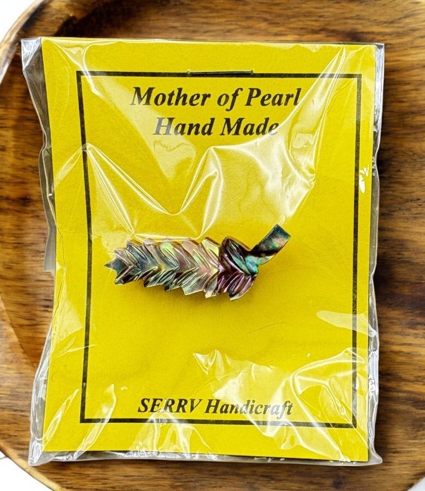 Vintage Mother of Pearl Handcrafted Leaf Pin Brooch Serrv Handicraft West Bank