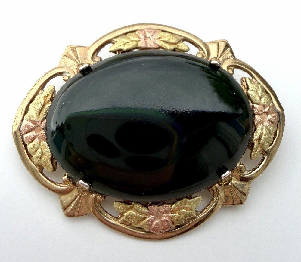 2 Vintage Oval Brooches, 12k GF, LSP Co., JJJ, Dark Green, MTGold Leaf Floral