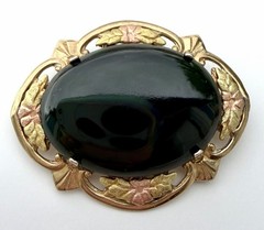 2 Vintage Oval Brooches, 12k GF, LSP Co., JJJ, Dark Green, MTGold Leaf Floral