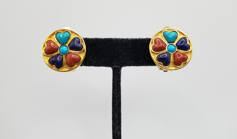 Vtg Signed MMA Faux Turquoise, Lapis & Coral? Heart Gold Tone Clip On Earrings