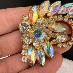 Vintage Aurora Borealis Rhinestone Brooch Gold Tone Mega Sparkle