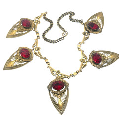 RARE Joseff of Hollywood Art Deco Red Oval Stone Inset Dangle Necklace