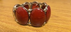 Red Oval Plastic Stone Silver Tone Metal Flex Stretchy Bracelet Adjustable Flaw