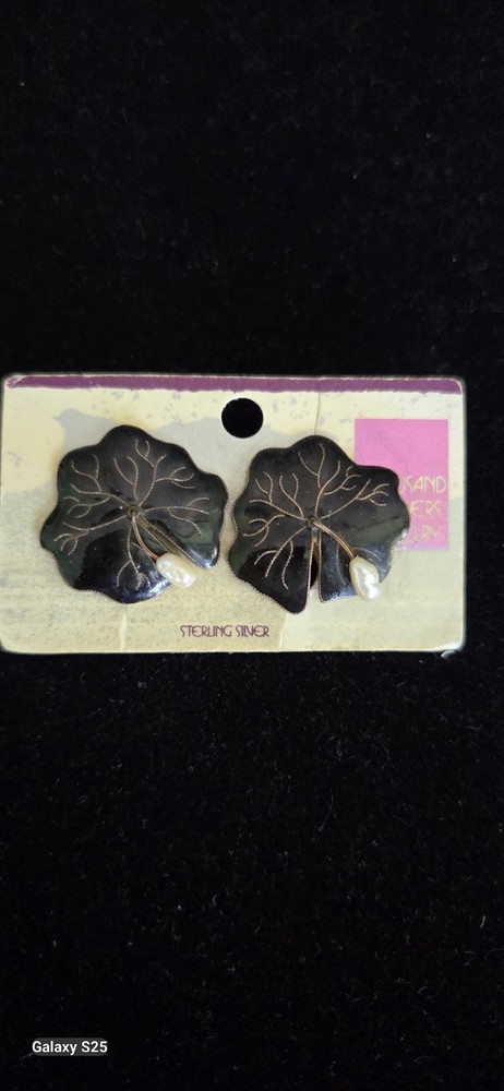 Vintage Thousand Flowers Earrings Enamel Lily Pad & Dangling Pearls