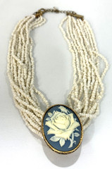 Vintage Victorian Avon White Rose Blue Cameo Choker Ivory Seed Beads Necklace