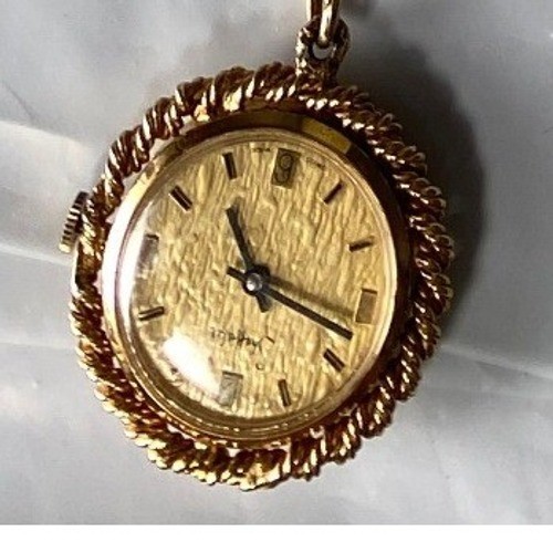 Vintage Gold Tone Watch Pendant Necklace Long Textured Link Chain Retro Jewelry