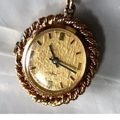 Vintage Gold Tone Watch Pendant Necklace Long Textured Link Chain Retro Jewelry