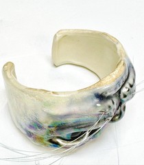 VNTG Rare Ceramic Cuff Bracelet Iridescent Cat With Whiskers, Signed KM 1987