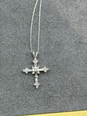 14KW Gold Small Cross, W/Round & tapered Baguette Mine Diamonds 18″ Rope Chain