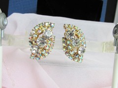 Vintage Chunky Clear & AB Rhinestone Earrings Clip-On Gold Plate