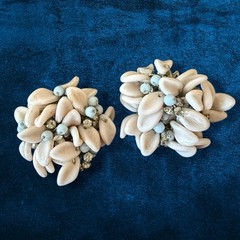 Large Clip On Earrings Lucite Cluster Cream Blue Rhinestone Statement 1950s